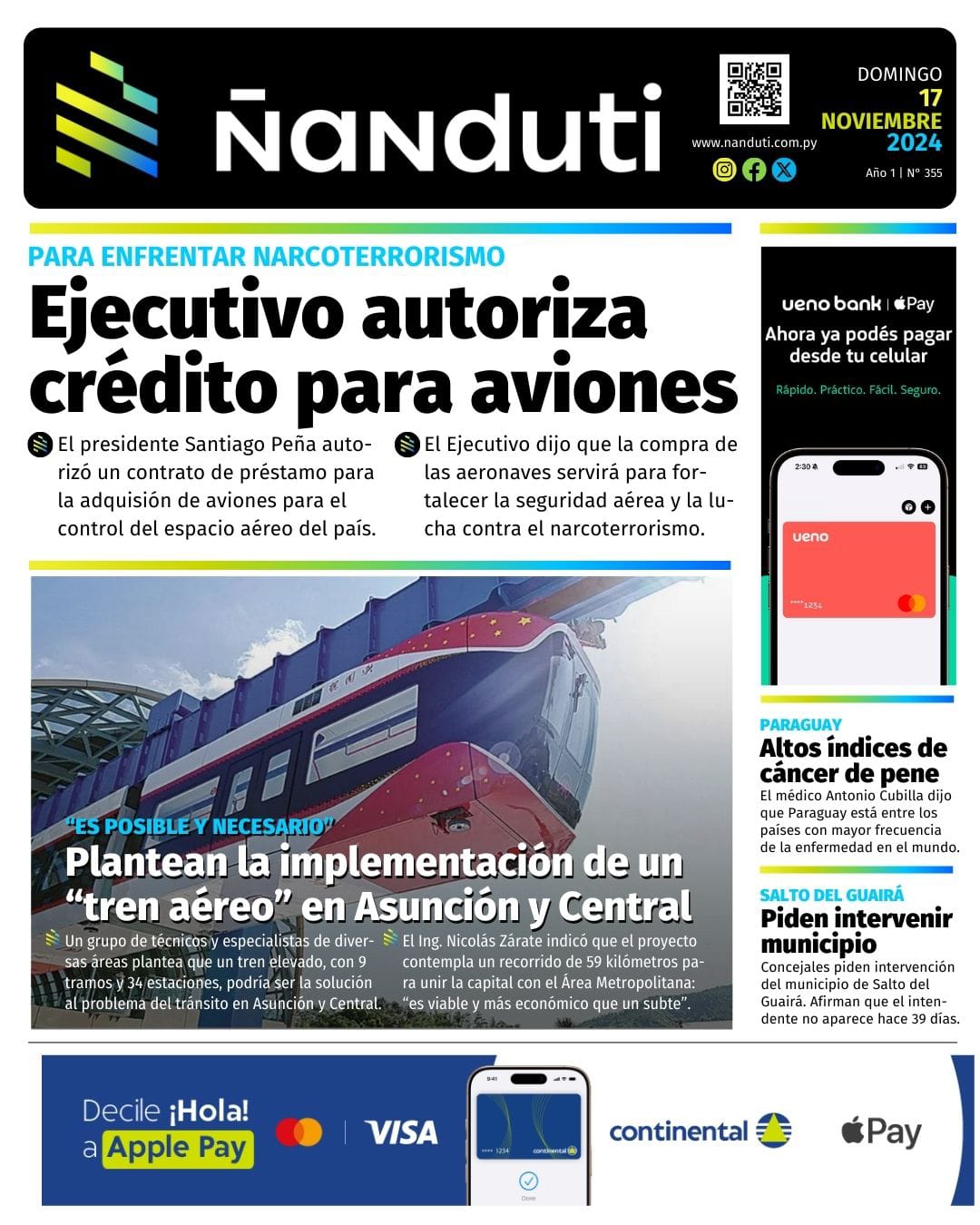 Principales titulares: Plantean implementar un “tren aéreo” en Asunción y Central